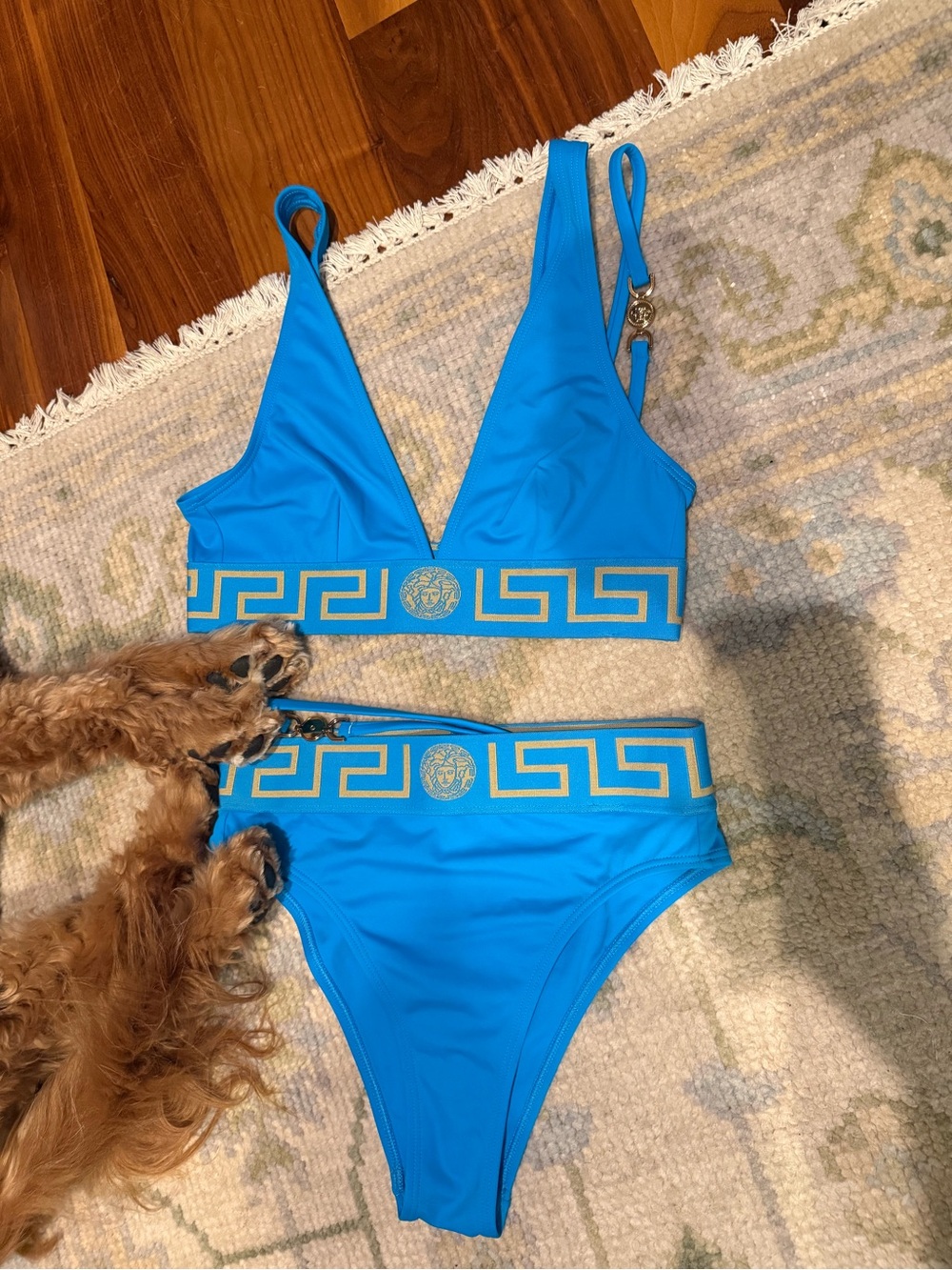 Versace Size 2 Turquoise High Rise Blue Gold-Trim Bikini Set - Picture 2 of 13